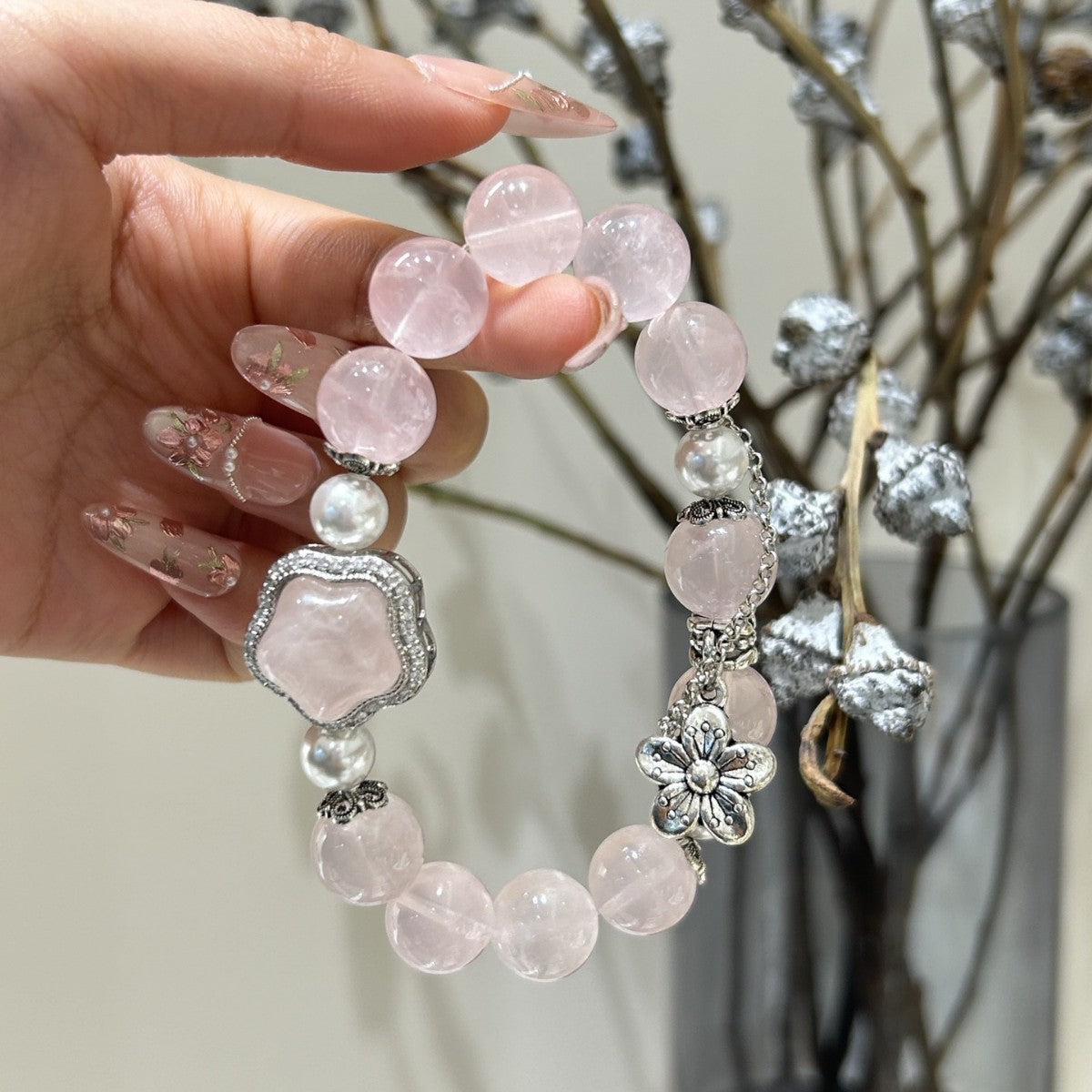 Rose Quartz & Pearl Crystal Bracelet with Pearl Accents · S032