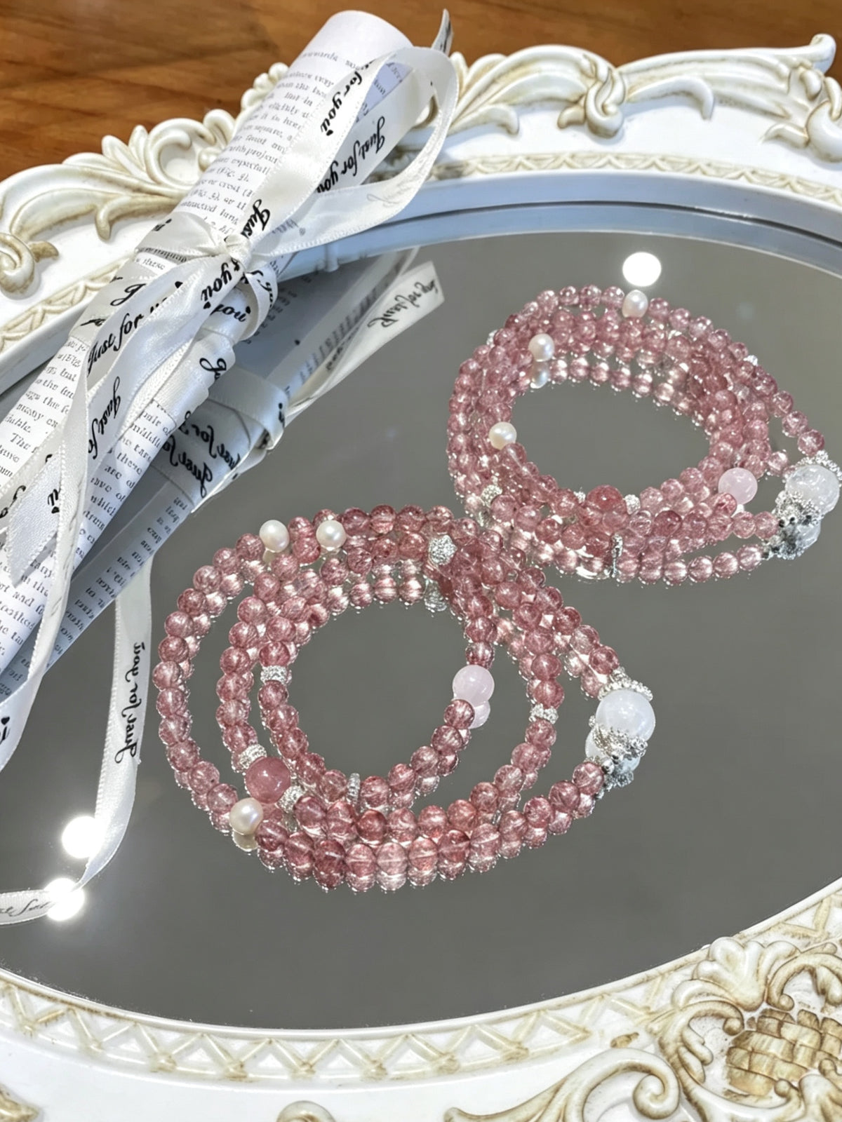 Natural Strawberry Quartz Bracelet with White Quartz and Pearl Accents - image 9