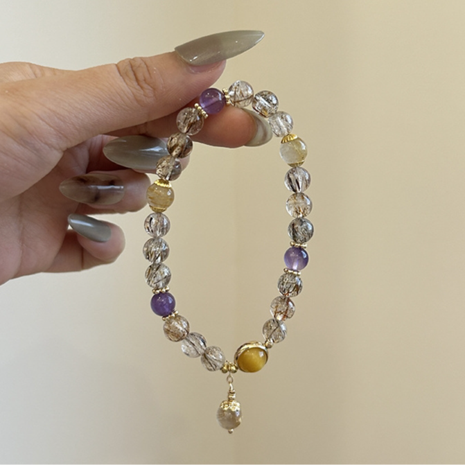 Golden Rutilated Quartz & Amethyst Crystal Bracelet · S010