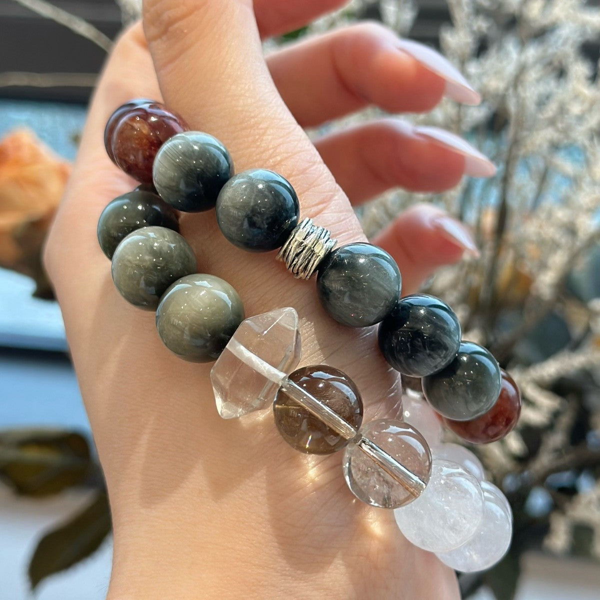 Clear Quartz & Hawk's Eye Couple Bracelet