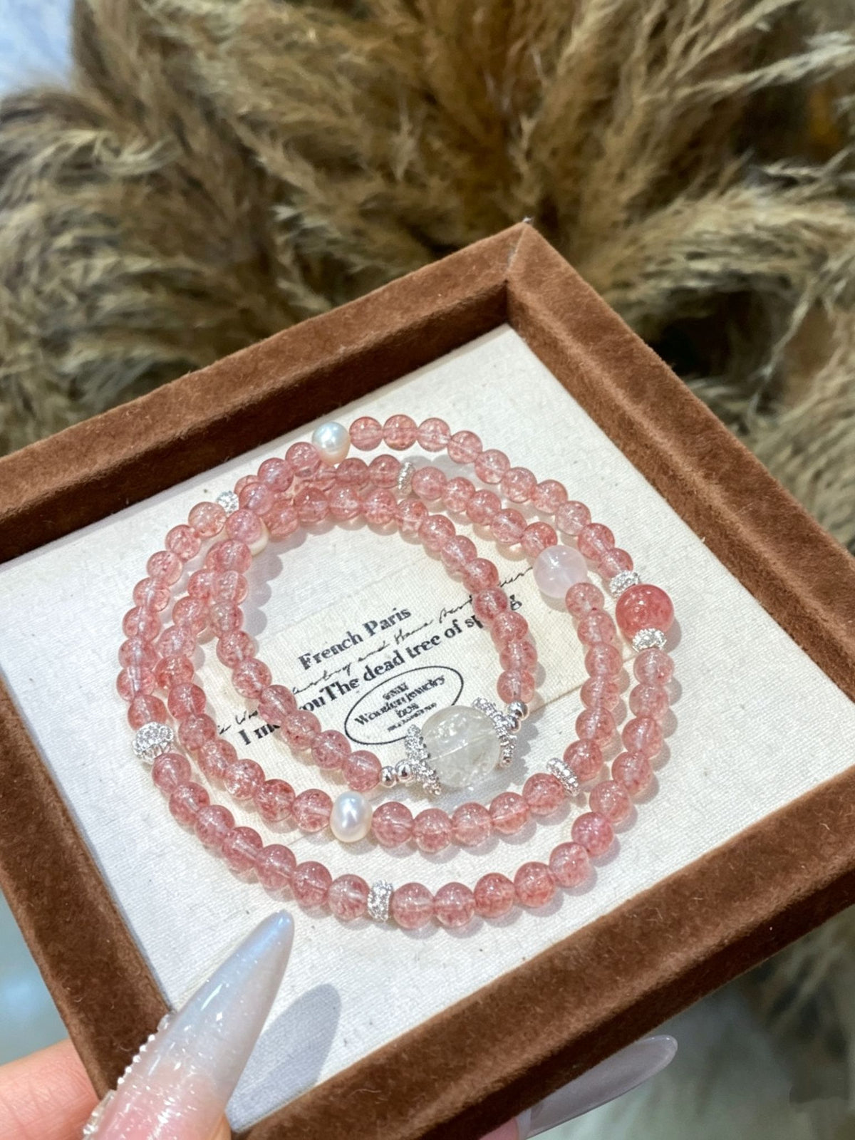 Strawberry Quartz & Clear Quartz Bracelet with Pearl Accents