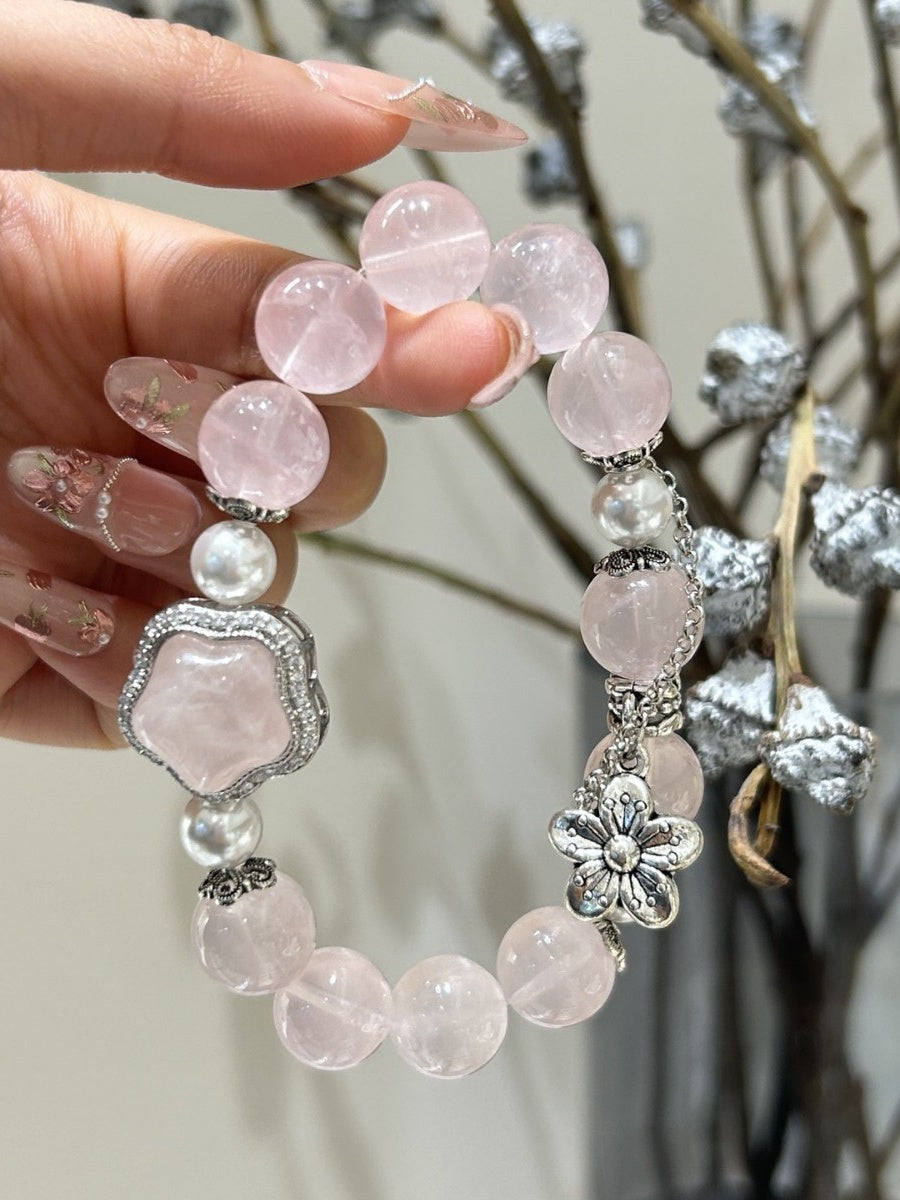 Rose Quartz & Pearl Crystal Bracelet with Pearl Accents
