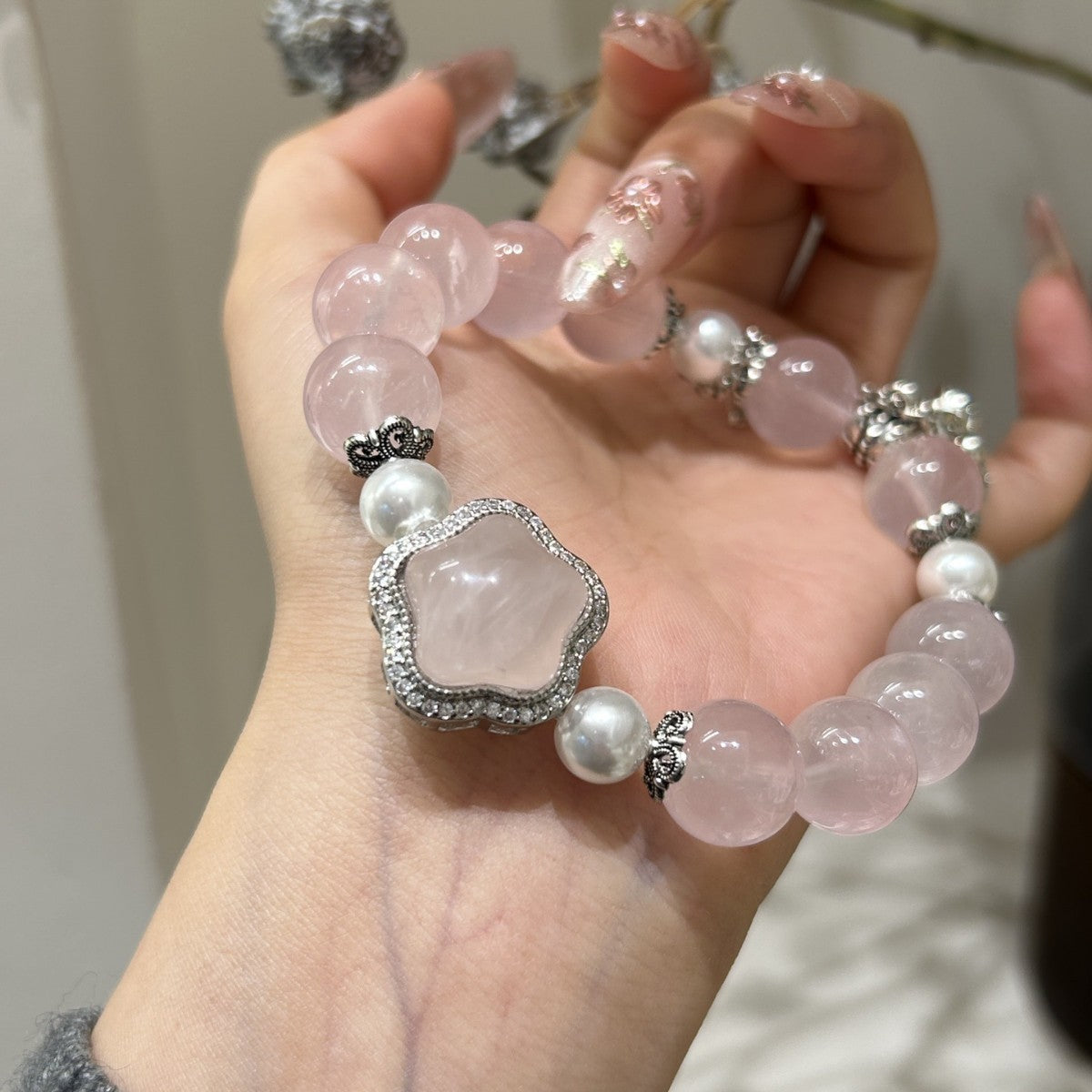 Rose Quartz & Pearl Crystal Bracelet with Pearl Accents