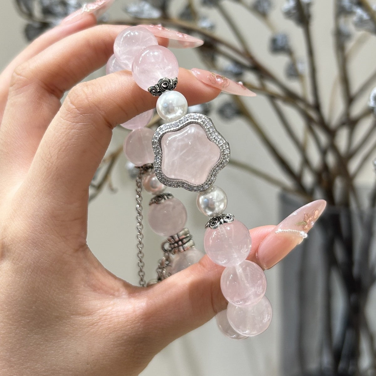 Rose Quartz & Pearl Crystal Bracelet with Pearl Accents