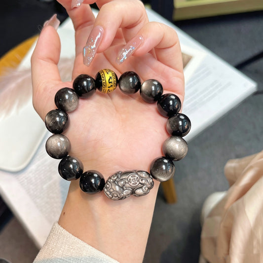 Silver Obsidian & Obsidian Crystal Bracelet with Customizable & Pixiu · VD22956266