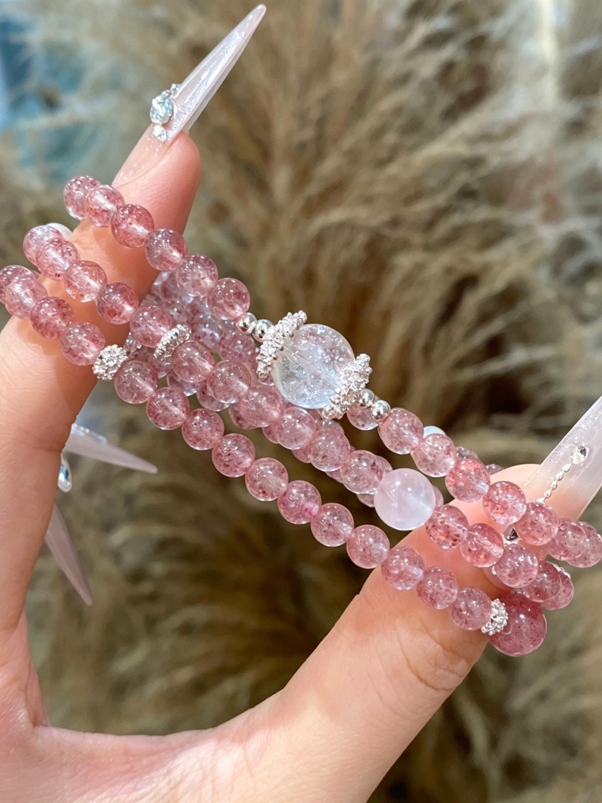 Strawberry Quartz & Clear Quartz Bracelet with Pearl Accents