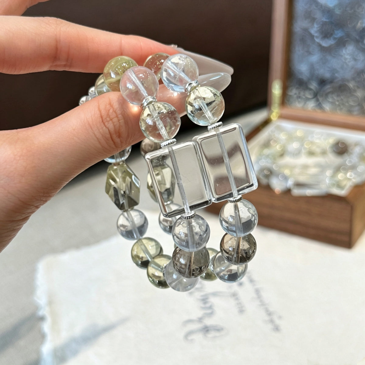White Phantom Quartz & Clear Quartz Crystal Bracelet