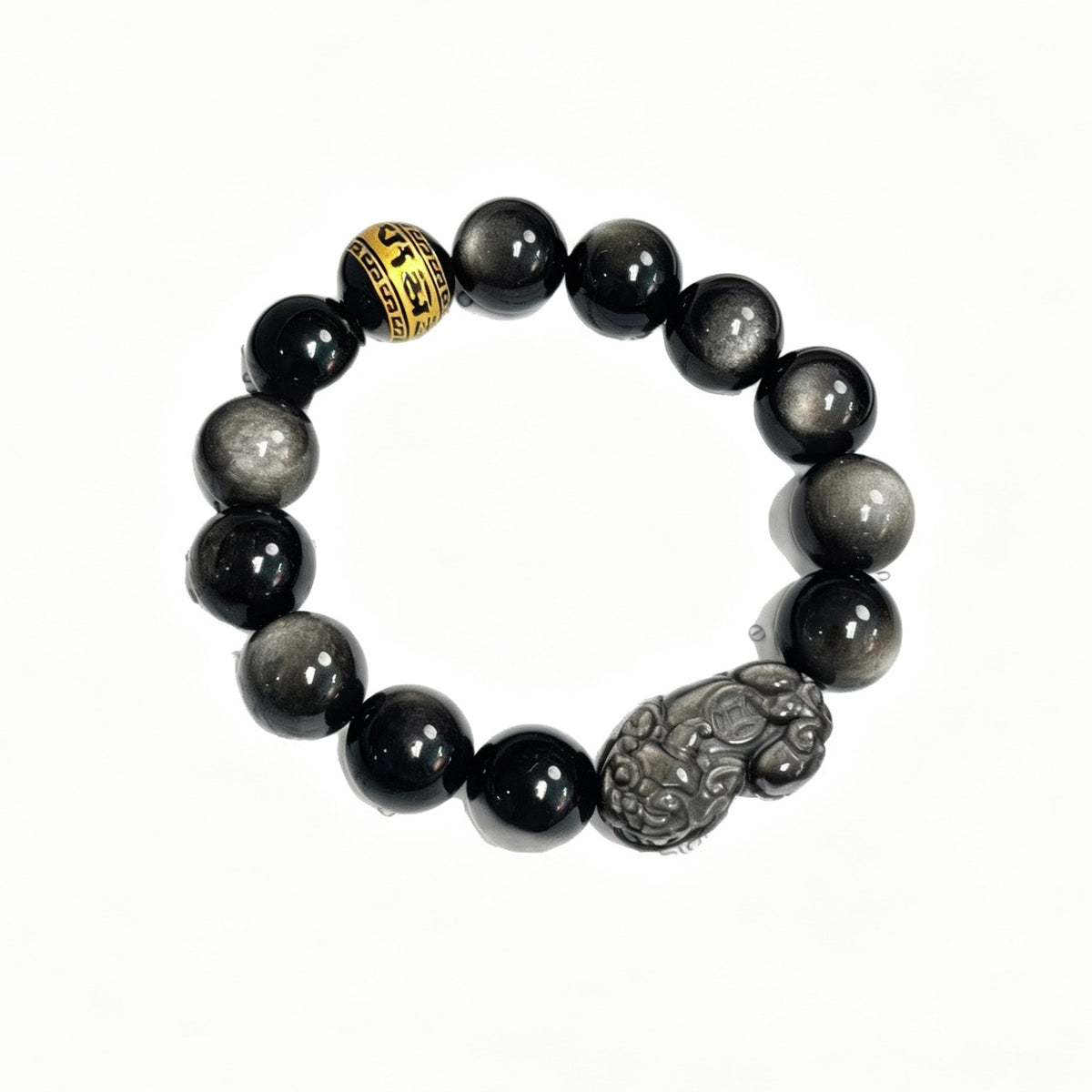 Silver Obsidian & Obsidian Crystal Bracelet with Customizable & Pixiu