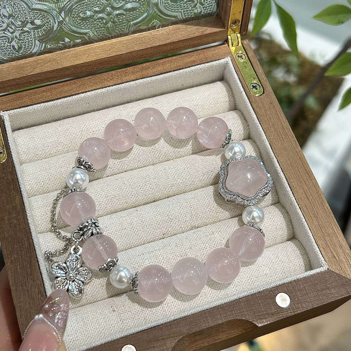 Rose Quartz & Pearl Crystal Bracelet with Pearl Accents