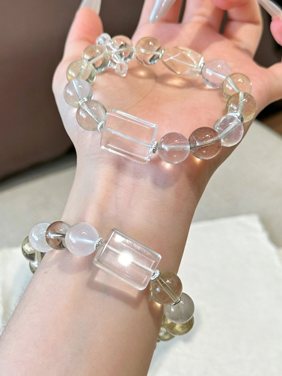 White Phantom Quartz & Clear Quartz Crystal Bracelet