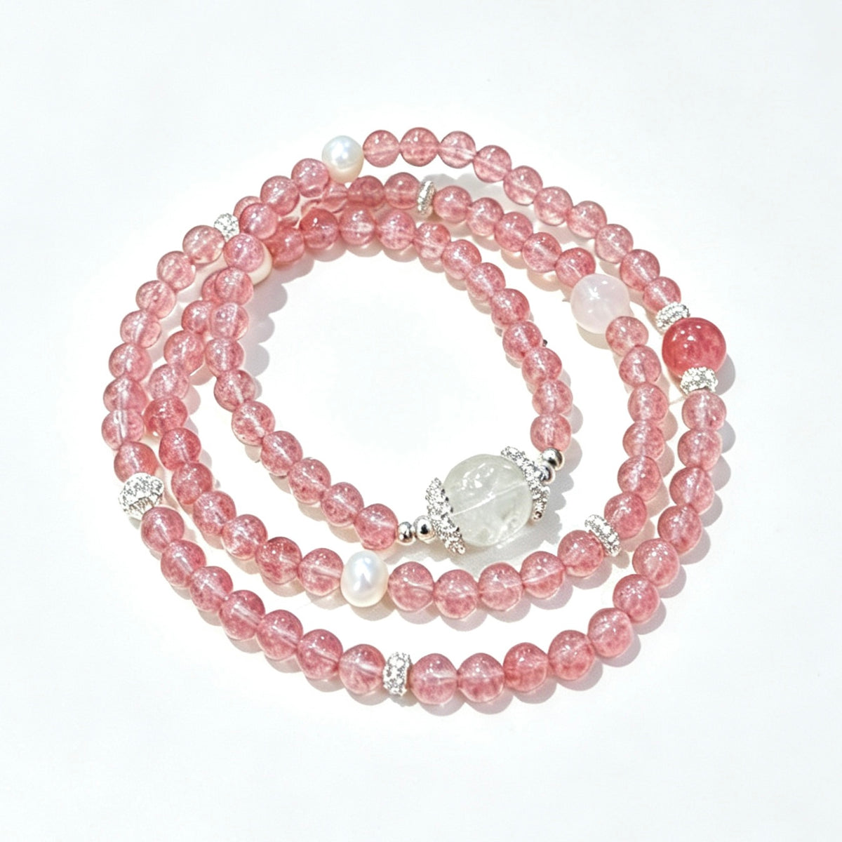 Strawberry Quartz & Clear Quartz Bracelet with Pearl Accents