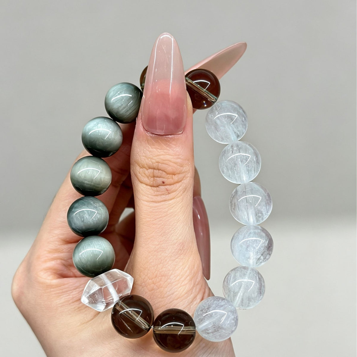 Clear Quartz & Hawk's Eye Couple Bracelet