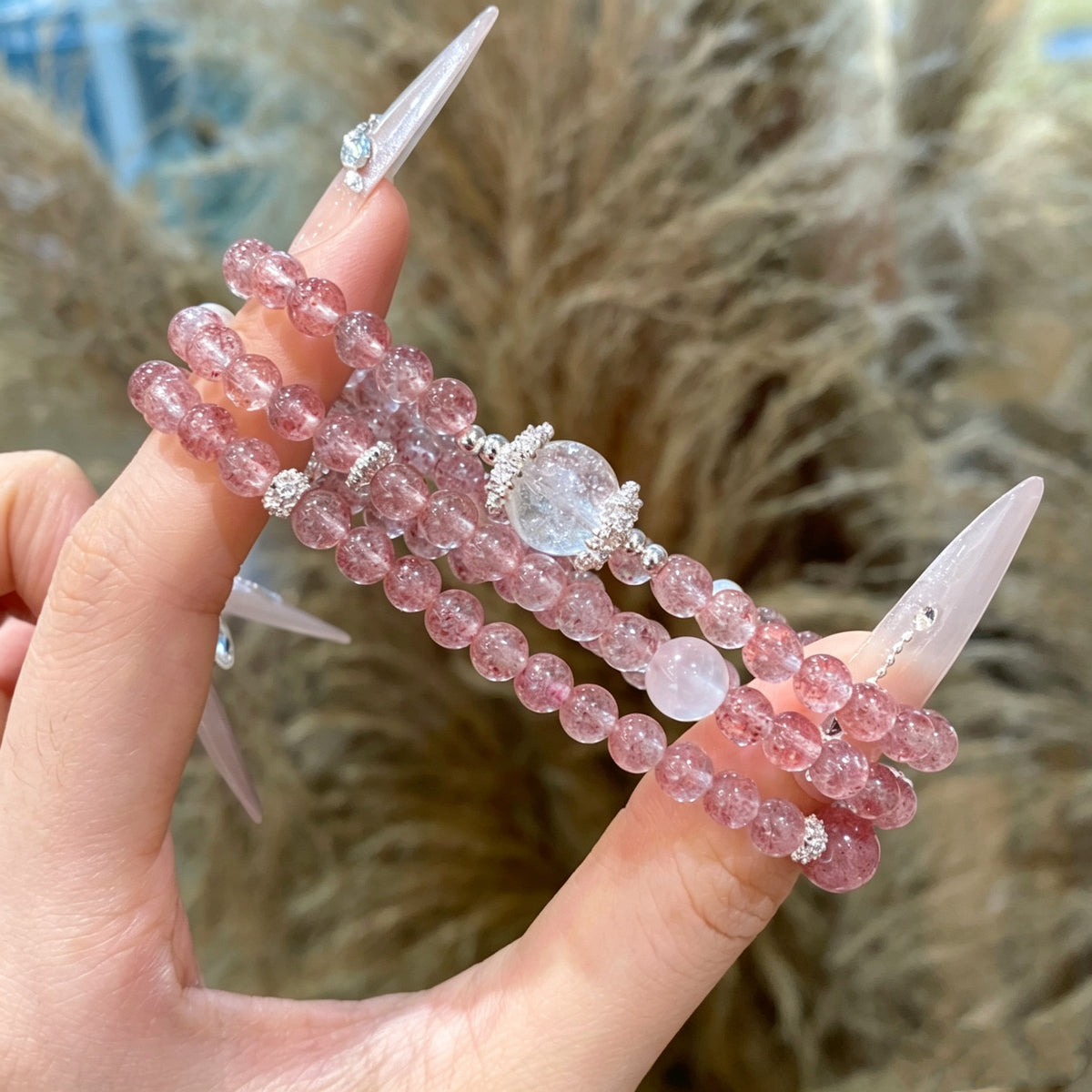 Strawberry Quartz & Clear Quartz Bracelet with Pearl Accents