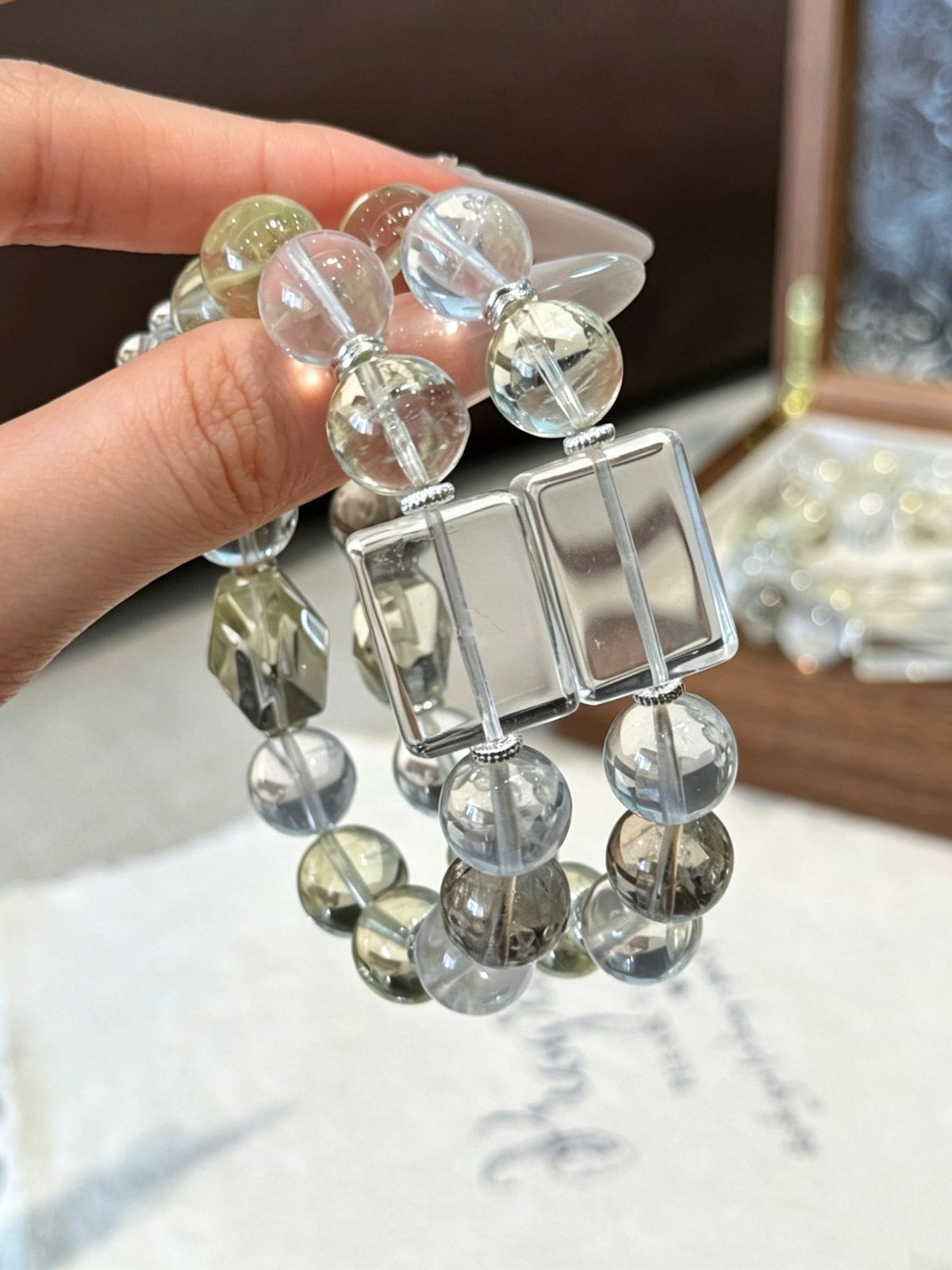 White Phantom Quartz & Clear Quartz Crystal Bracelet