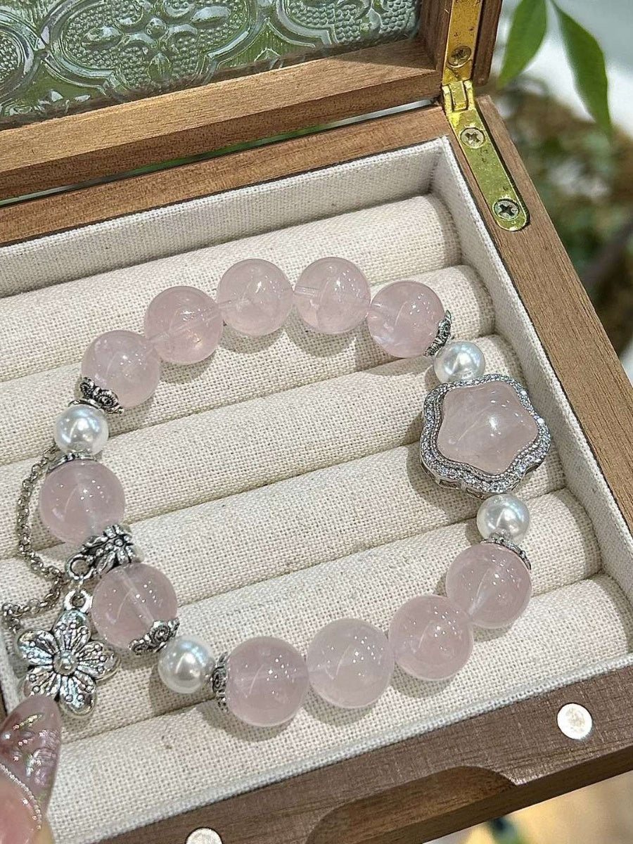 Rose Quartz & Pearl Crystal Bracelet with Pearl Accents