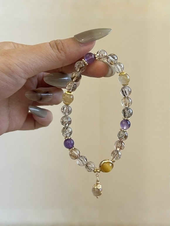 Golden Rutilated Quartz & Amethyst Crystal Bracelet
