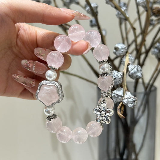Rose Quartz & Pearl Crystal Bracelet with Pearl Accents · S032
