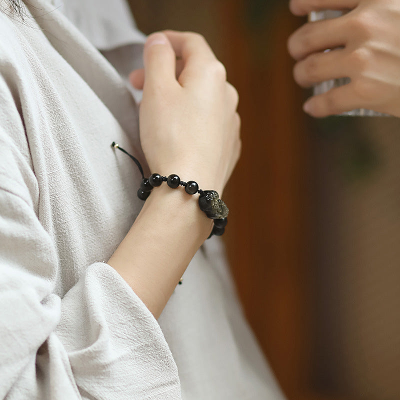 Golden Obsidian Bracelet with Couple & Pixiu