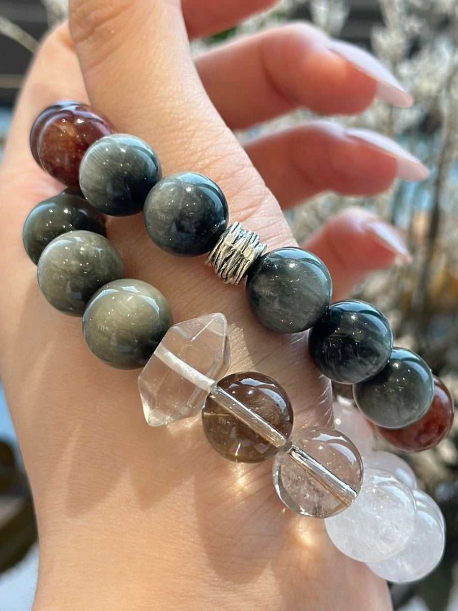 Clear Quartz & Hawk's Eye Couple Bracelet