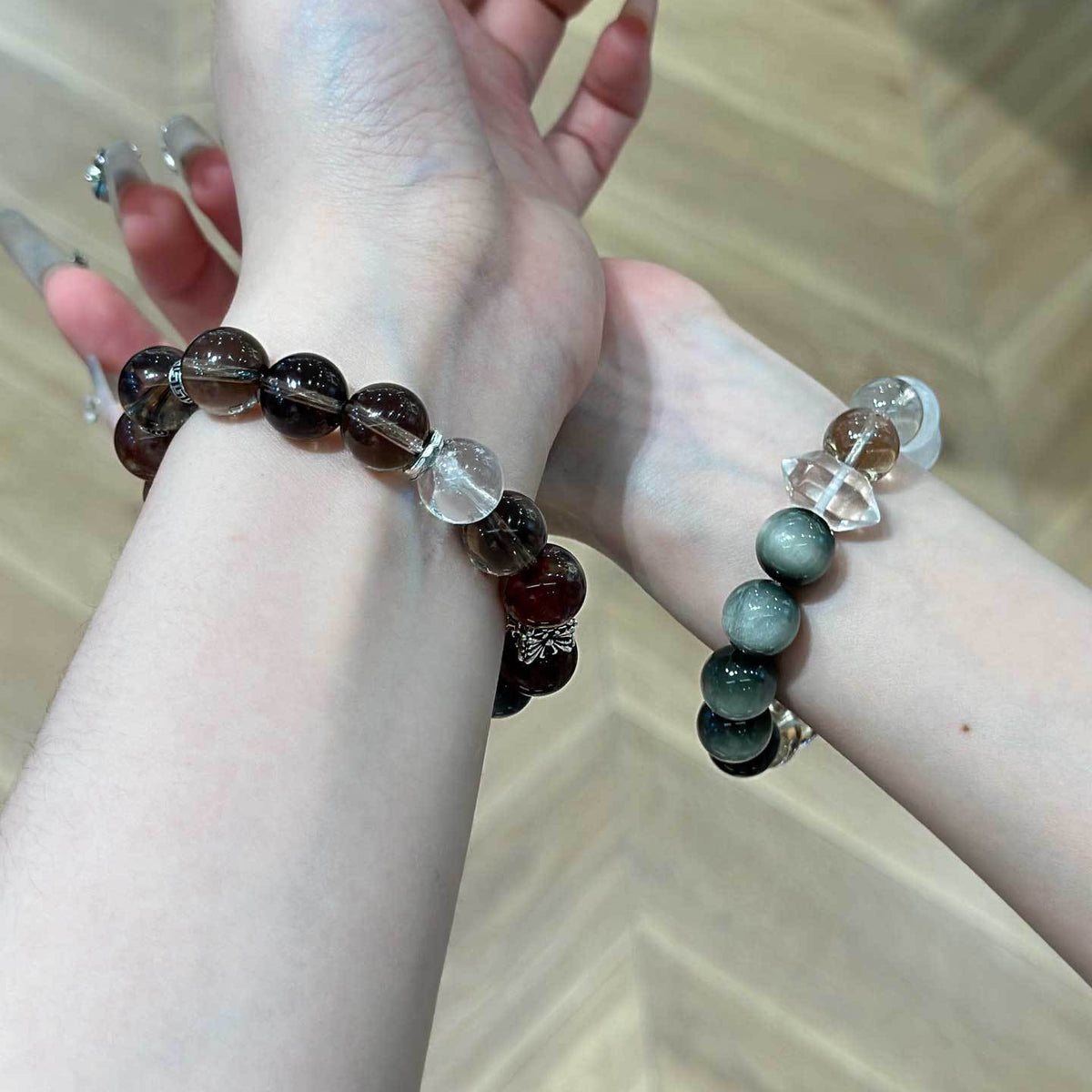 Clear Quartz & Hawk's Eye Couple Bracelet