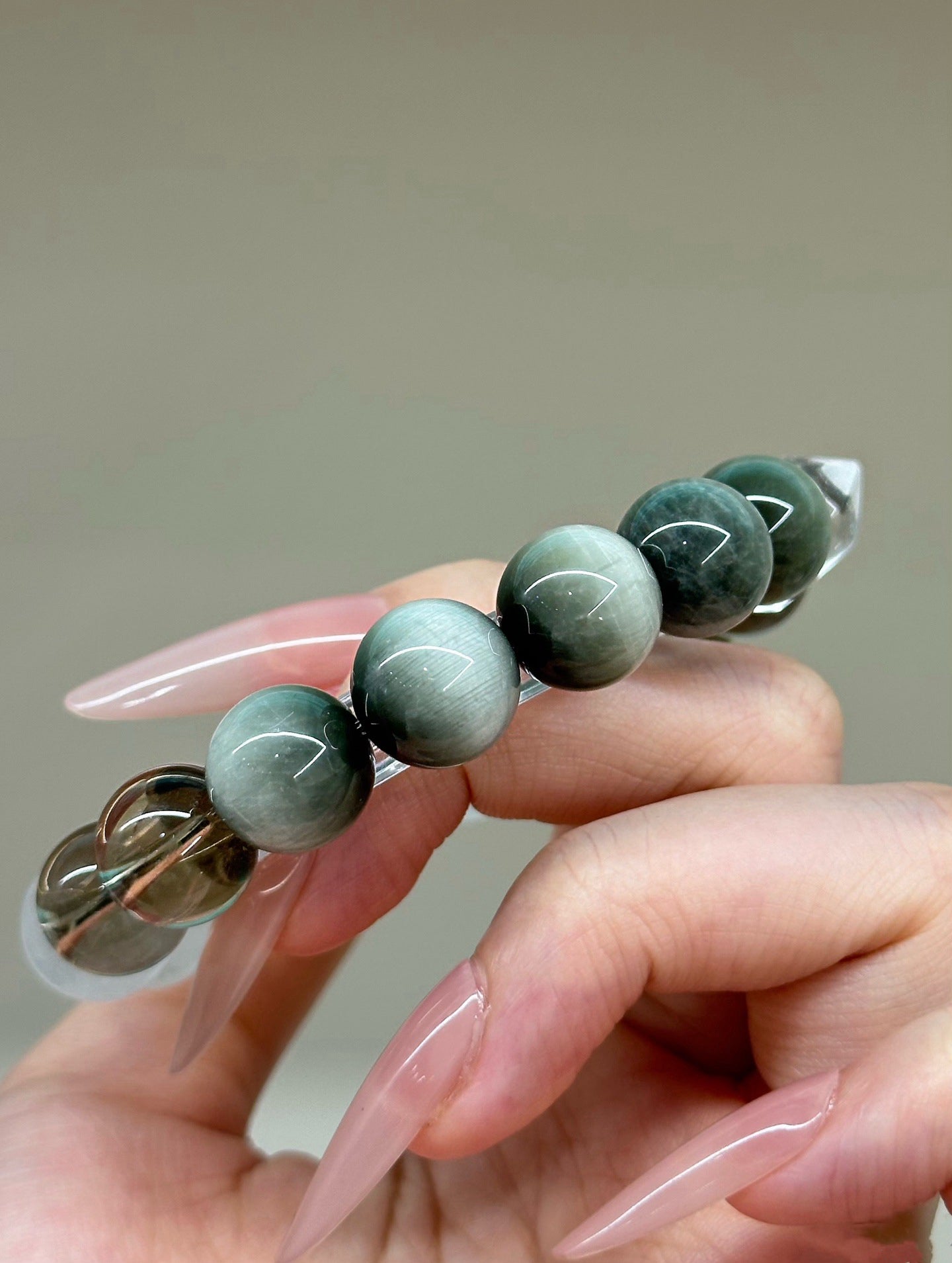 Natural crystal couple bracelet with white fluorite, hawk's eye and smoky quartz