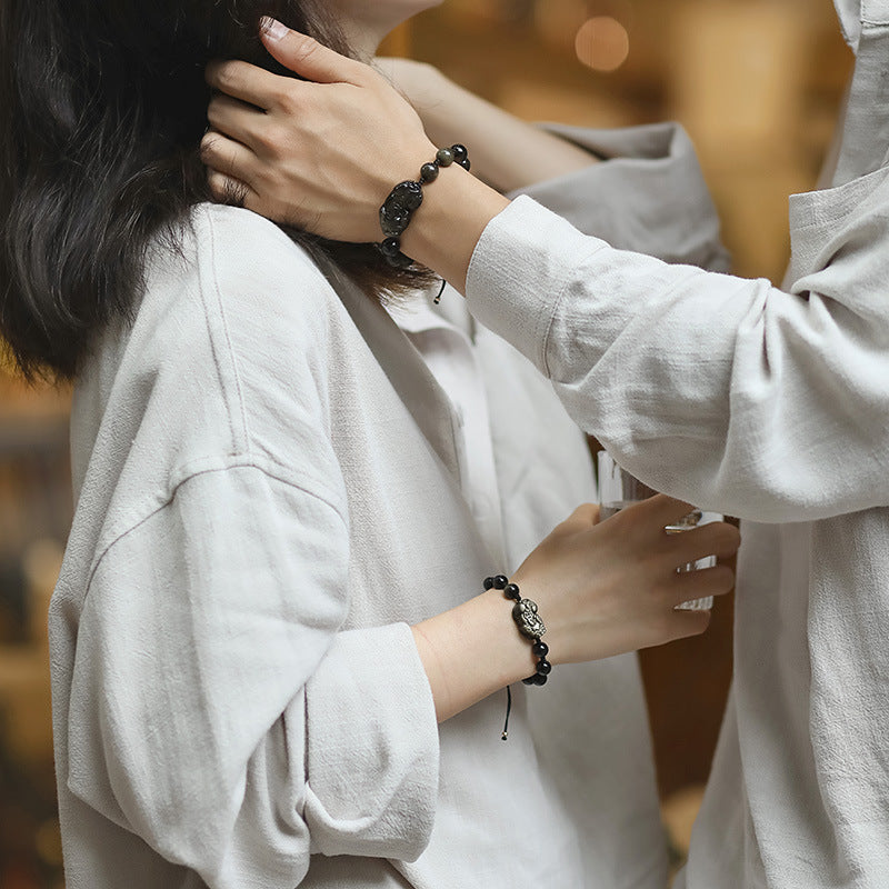 Golden Obsidian Bracelet with Couple & Pixiu