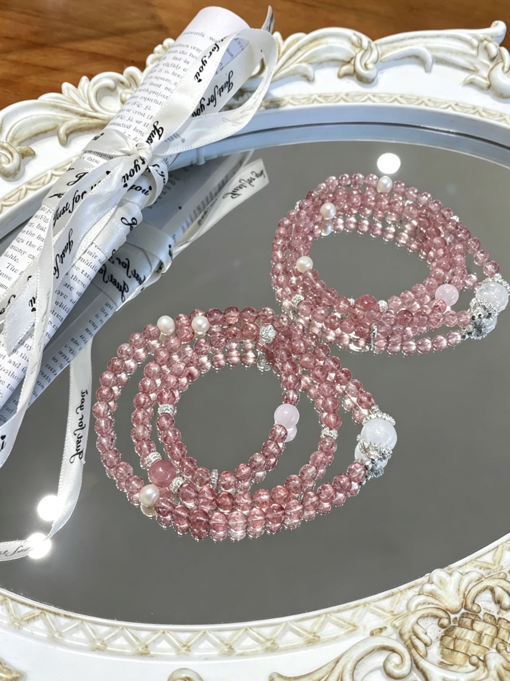 Natural Strawberry Quartz Bracelet with White Quartz and Pearl Accents - image 9