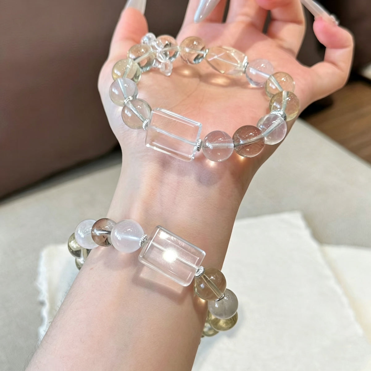 White Phantom Quartz & Clear Quartz Crystal Bracelet