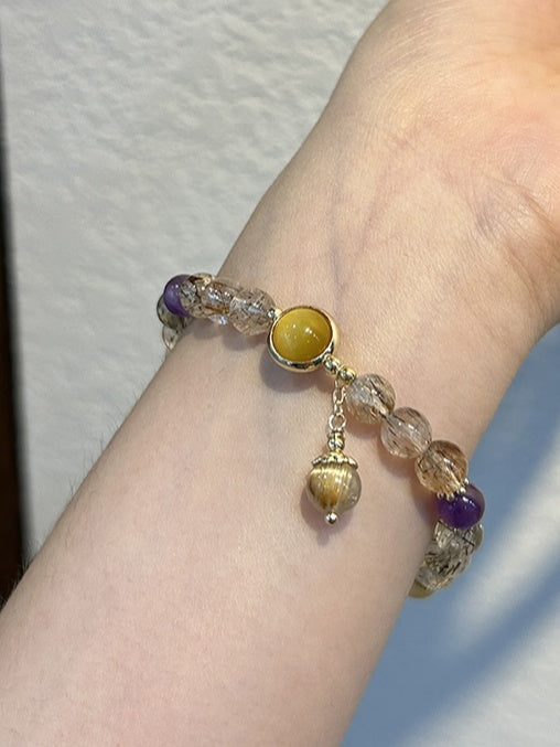 Golden Rutilated Quartz & Amethyst Crystal Bracelet