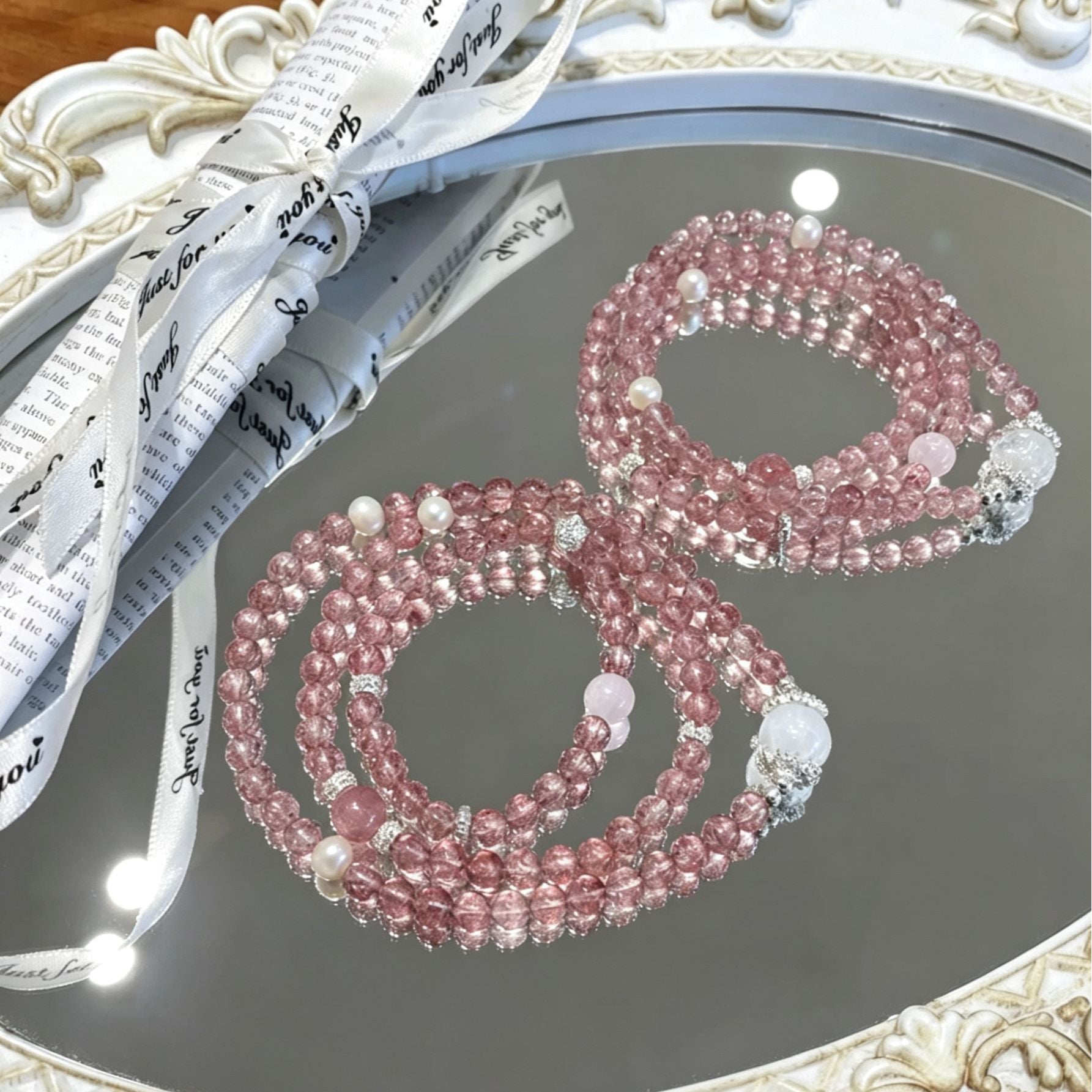 Natural Strawberry Quartz Bracelet with White Quartz and Pearl Accents - image 4