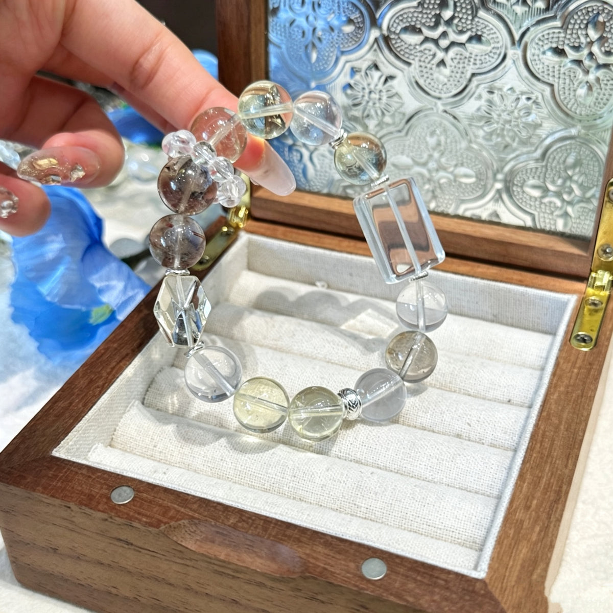 White Phantom Quartz & Clear Quartz Crystal Bracelet