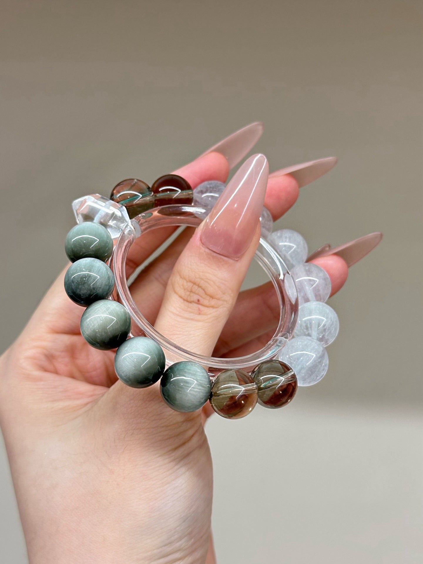 Natural crystal couple bracelet with white fluorite, hawk's eye and smoky quartz
