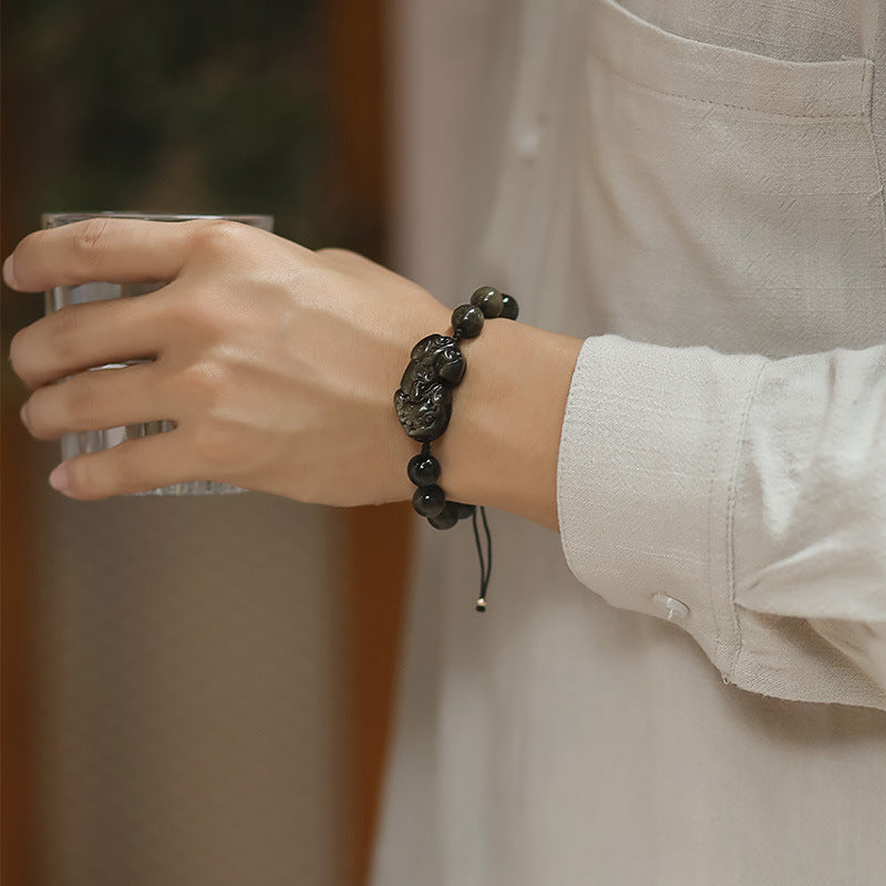 Golden Obsidian Bracelet with Couple & Pixiu