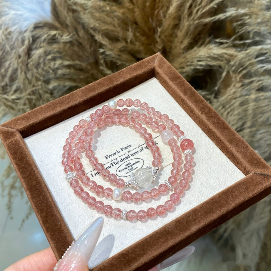 Natural Strawberry Quartz Bracelet with White Quartz and Pearl Accents - image 1