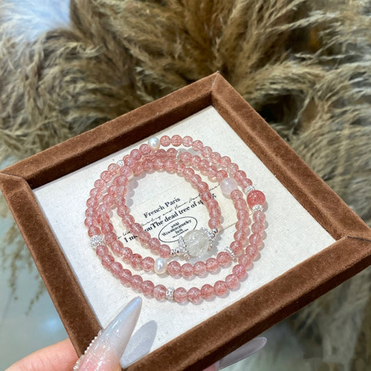 Strawberry Quartz & Clear Quartz Bracelet with Pearl Accents · OK070