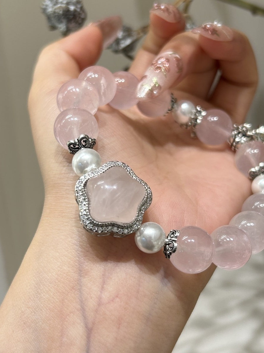 Rose Quartz & Pearl Crystal Bracelet with Pearl Accents
