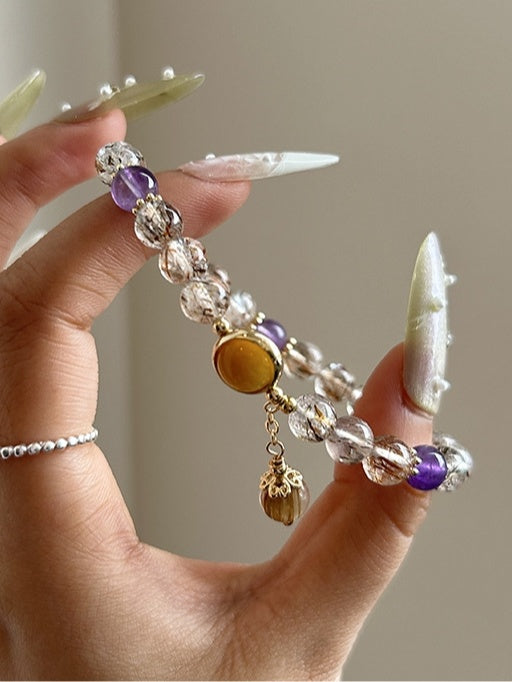 Golden Rutilated Quartz & Amethyst Crystal Bracelet