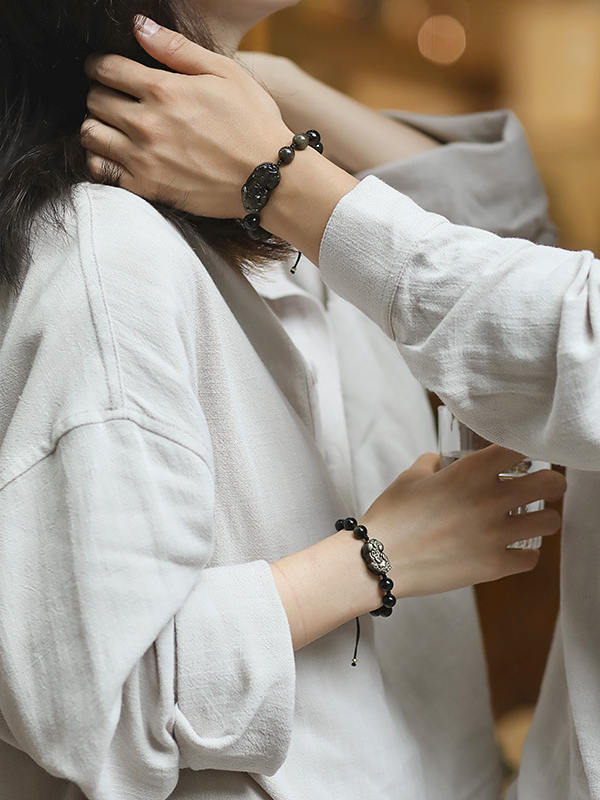 Golden Obsidian Bracelet with Couple & Pixiu