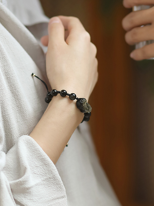 Golden Obsidian Bracelet with Couple & Pixiu