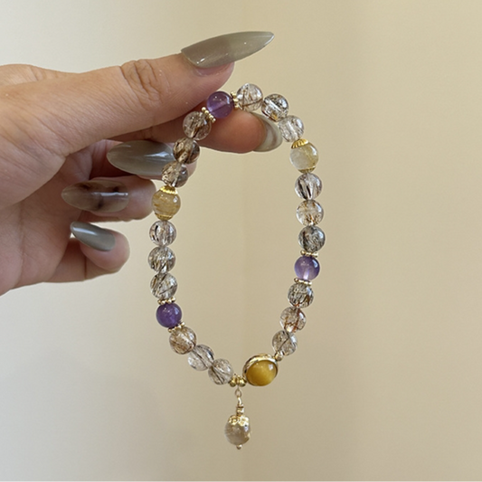 Golden Rutilated Quartz & Amethyst Crystal Bracelet · S010