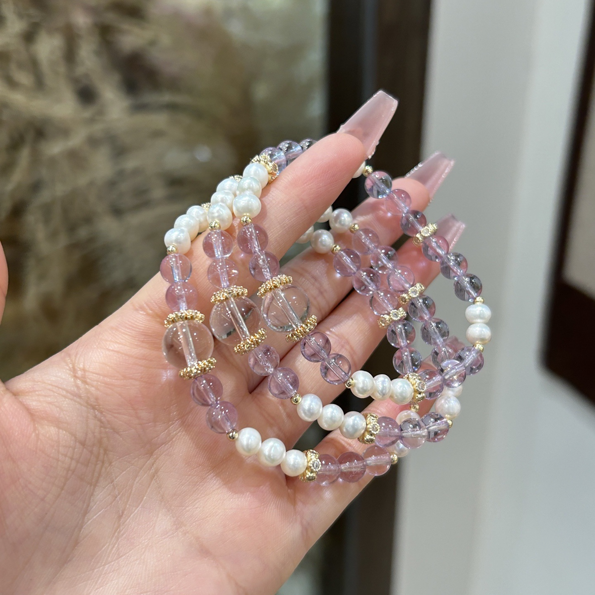 Amethyst & Pearl Crystal Bracelet with Pearl Accents