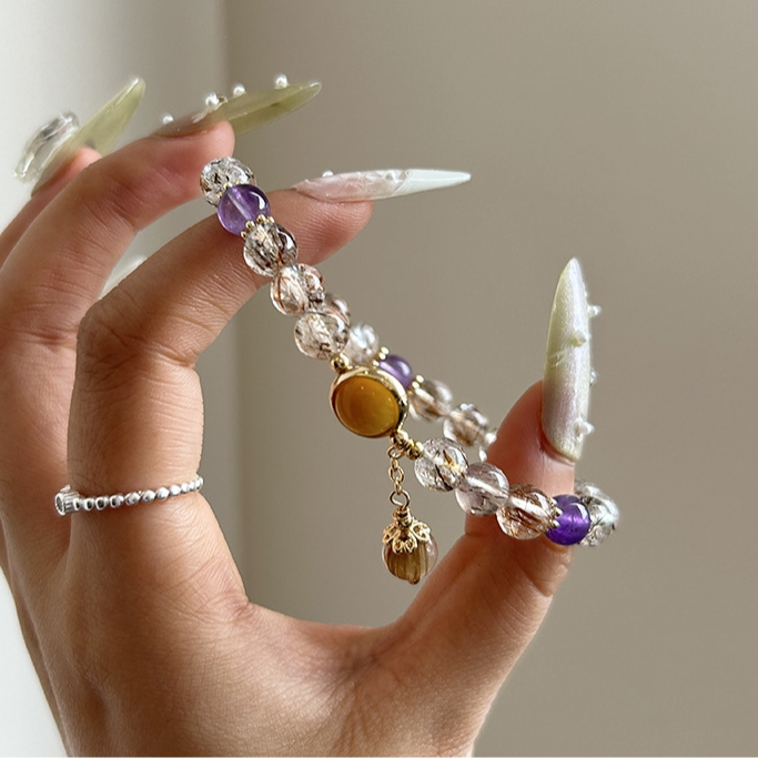 Golden Rutilated Quartz & Amethyst Crystal Bracelet