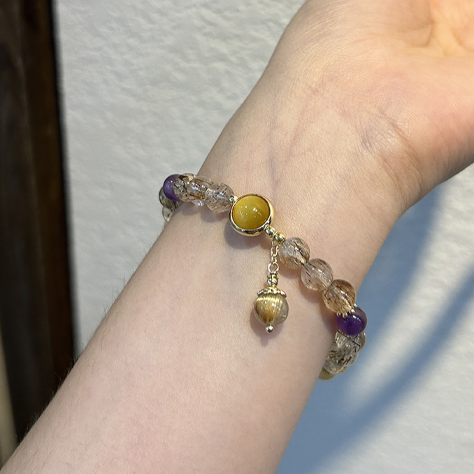 Golden Rutilated Quartz & Amethyst Crystal Bracelet